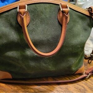 Dooney & Bourke Green Suede Shoulder Bag with Tan Leather Trim